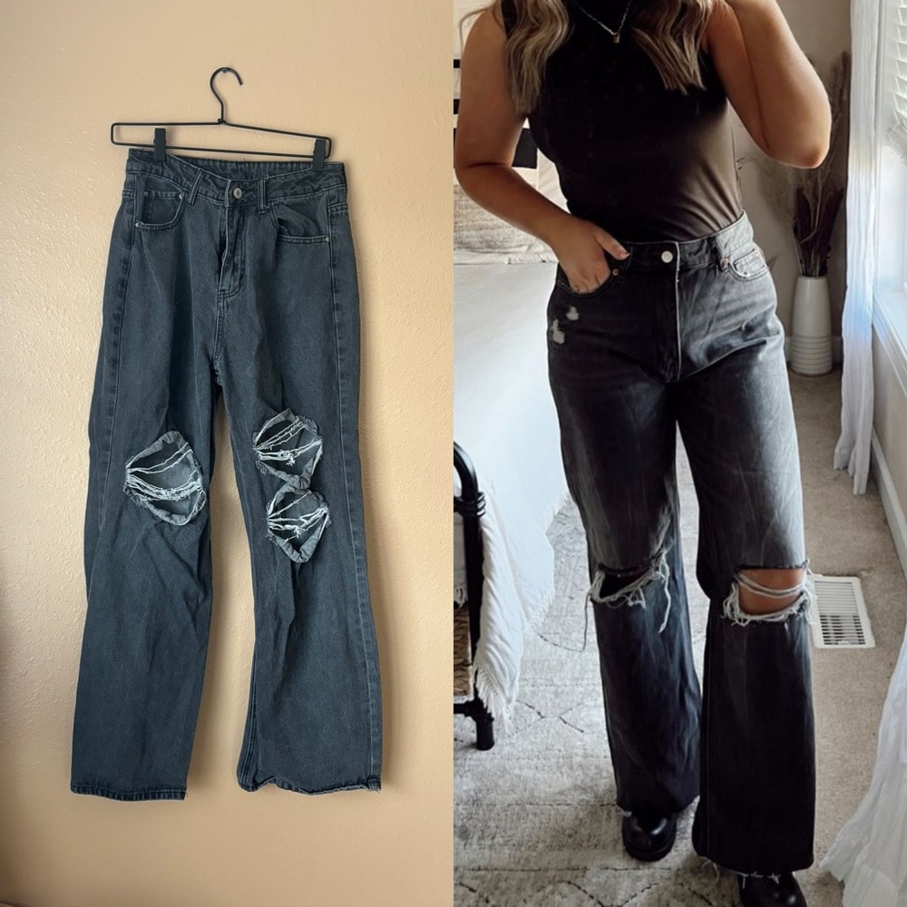 Distressed Wide Leg Black Jeans - Size M
